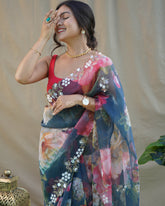 Exclusive Digital Print With Handwork On Cerulean Saree